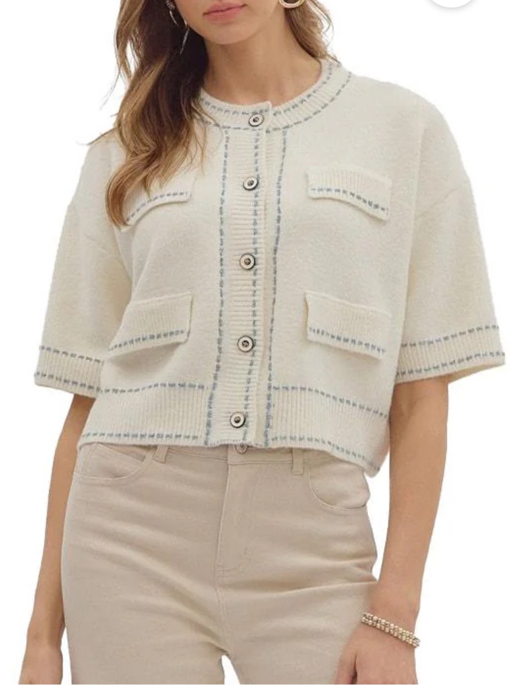 Cream Short-Sleeve Button Front Knit Cardigan Sweater